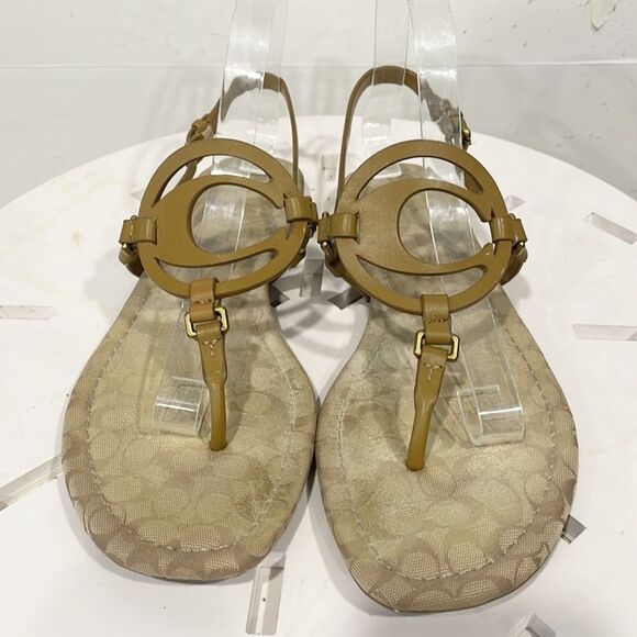 Coach‎ Jeri Logo Genuine Leather Sandals Flats Thong Strappy Tan Women 9B - Picture 6 of 9
